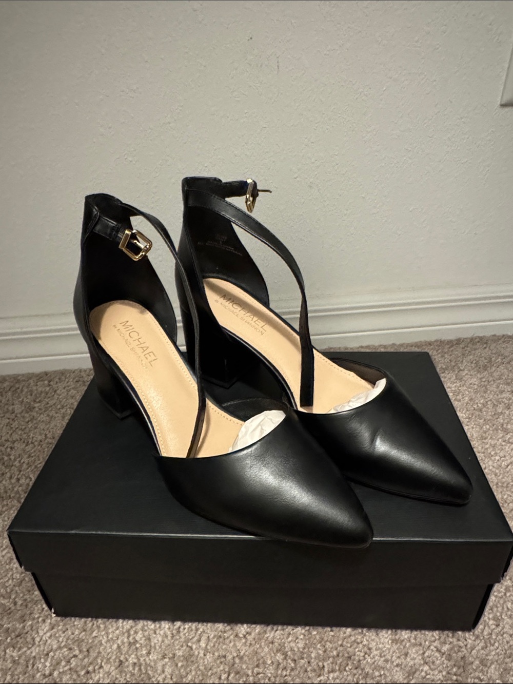 Michael by Michael Shannon Black Pointed Ankle-Strap Block Heels